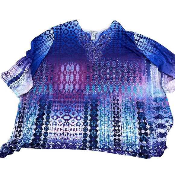 Catherines Top Women 5XLarge 34/36W Blue Purple‎ Embellished Batik Tunic Boho - Picture 1 of 11